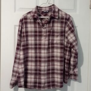 Lands' End Women's Lounge Flannel Top - Burgundy and White